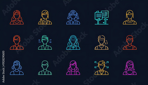 A set of colorful, minimalist vector icons depicting people wearing masks and using technology for communication and work.