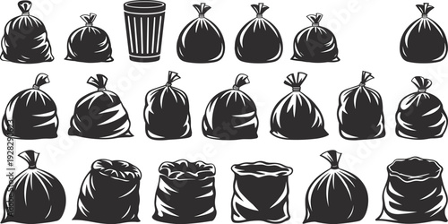 Trash bag silhouette icon set, garbage sack collection with bin, black and white waste disposal vector illustration