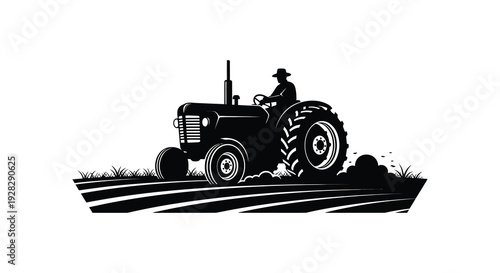 A vintage tractor with a farmer driving through a field depicted in a striking silhouette high quality professional