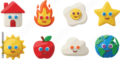 Cute 3D Character Icon Set Featuring Smiling House Fire Flame Fried Egg Star Sun Apple Cloud and Earth Vector Illustrations on White Background