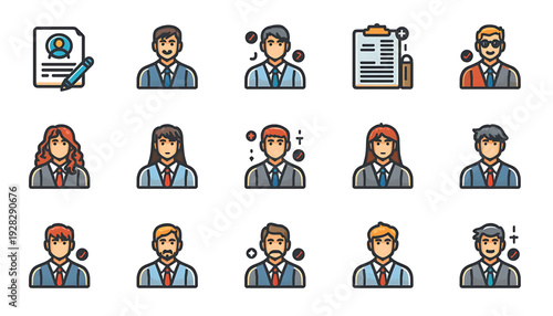 A set of colorful vector icons depicting business professionals and documents in a flat, minimalist style