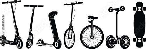 Urban micromobility vector set, electric scooters, kick scooters, folding e-scooters, hoverboards, unicycle and longboard silhouettes, modern personal transport icons collection