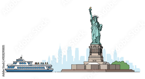 Flat 2D illustration of a ferry boat sailing past the Statue of Liberty with a stylized New York City skyline in the background, iconic travel landmark scene.