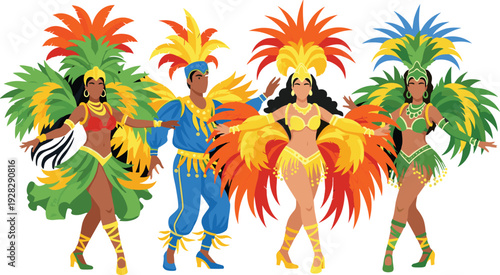 Diverse Group of Brazilian Samba Dancers in Colorful Feathered Outfits and Headdresses Performing at Rio Carnival Festival Isolated Flat Illustration on White Background