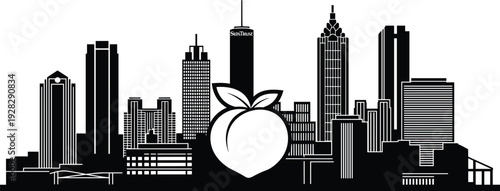 Atlanta skyline silhouette with peach symbol, black and white cityscape vector illustration isolated on white background