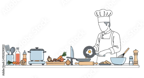 A chef in a white uniform and hat stands behind a kitchen counter with various cooking utensils and ingredients, preparing food in a continuous line drawing with a horizontal composition.