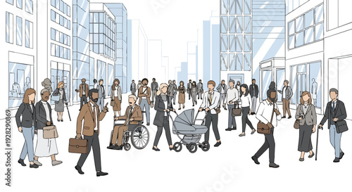 A diverse crowd of people walking in a city with a mix of professionals and parents with strollers on a flat, horizontal urban background, illustrating city life and daily concept.