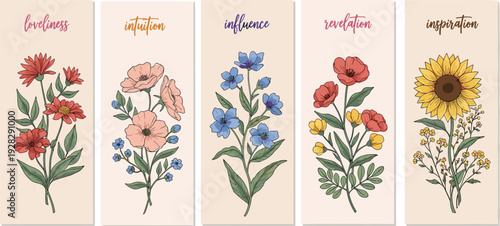 Five-panel floral illustration with symbolic words, colorful bouquets representing loveliness, intuition, influence, revelation, and inspiration in modern botanical decorative artwork design