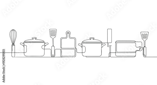Continuous line drawing of cooking utensils and pots in a horizontal pattern on a white background.