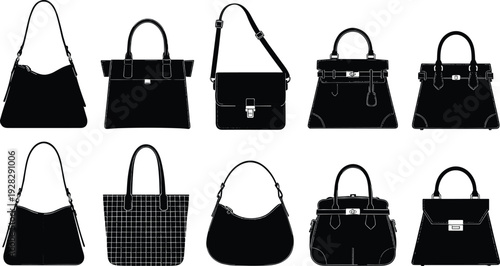 Women's handbag silhouettes vector set, tote bags, satchels, shoulder bags, clutch styles, leather purse icons, fashion accessories collection for retail and design
