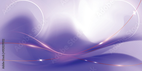 Violet abstract wave background with glowing golden light lines, circular rings and soft gradient, futuristic technology banner illustration