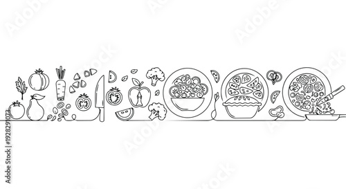 A horizontal line drawing of various cooking ingredients and dishes in a continuous pattern against a clean white background.