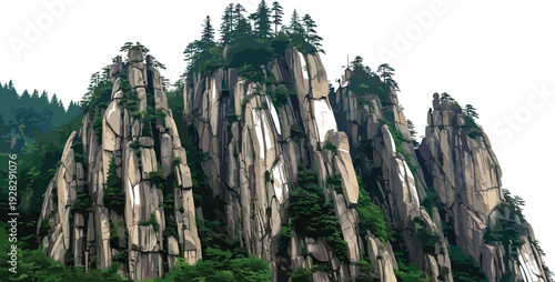 Flat vector mountain landscape illustration with high rocky peaks and green pine trees, majestic cliff scenery for travel adventure and nature tourism design projects