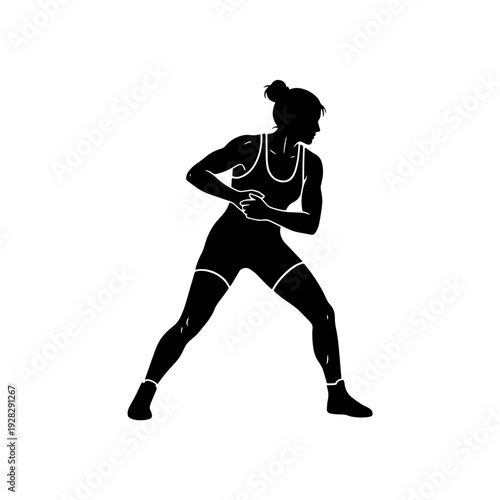 A professional black silhouette of a female wrestler wearing a singlet, positioned in an athletic combat stance. Ideal for sports, fitness branding, and martial arts graphics.