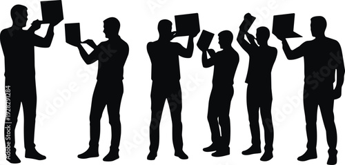 Businessman holding laptop silhouettes set, corporate professionals using computer devices, technology communication concept isolated vector illustration collection