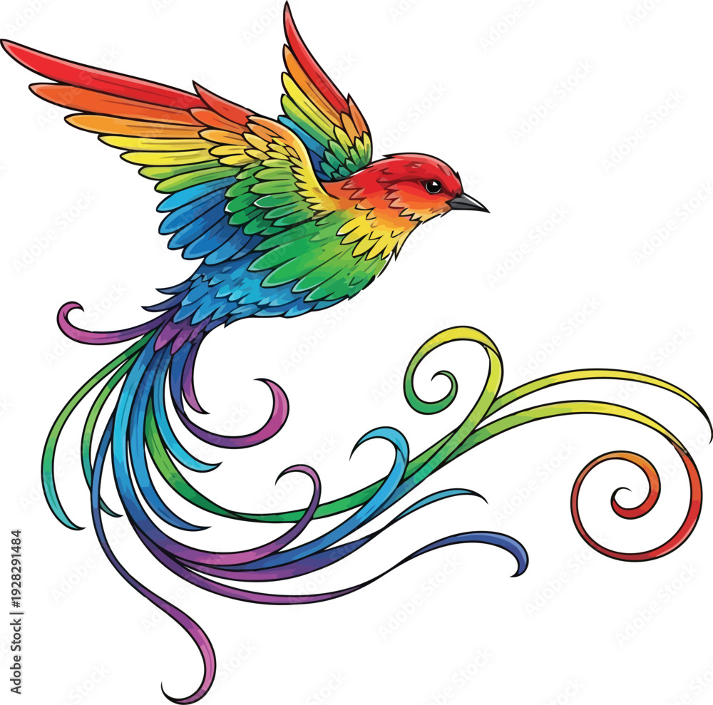 Fototapeta premium Vibrant Rainbow Bird Soaring Through Whimsical Swirling Patterns in Mid-Air