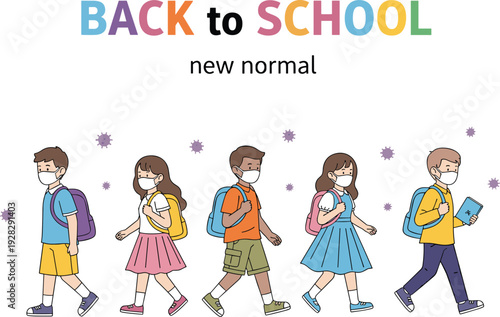 Illustration of school children wearing masks and carrying backpacks, walking together with virus particles, symbolizing COVID-19 safety, health awareness, education, and pandemic precautions.