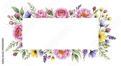 Vibrant floral border with pink roses and colorful flowers