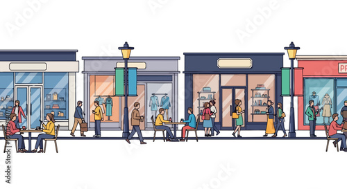 Horizontal city street scene with people walking and sitting at tables outside shops and cafes in a flat, urban setting.