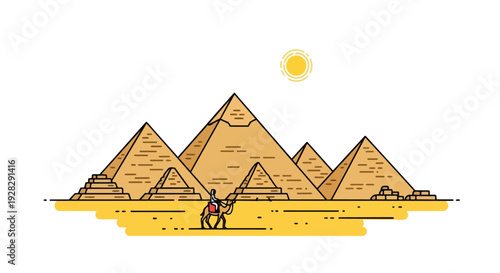 Flat 2D illustration of a camel in front of famous travel landmarks, the Egyptian pyramids, against a clean white background with a sunny desert landscape.