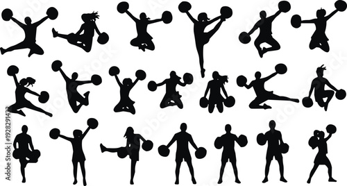 Cheerleader silhouettes set with pom poms, dynamic jumping dance poses, team spirit performance isolated vector illustration collection