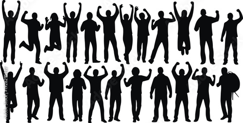 Celebrating people silhouettes set, happy cheering men raising hands in victory, success celebration isolated black vector illustration