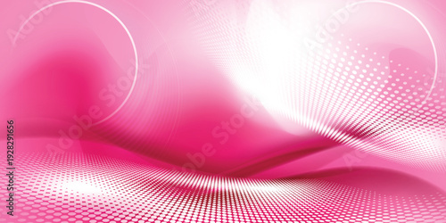 Pink abstract halftone wave background with white dots and smooth gradient curves, modern banner for beauty, fashion, party or feminine design