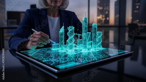 A professional interacts with a holographic city model on a digital interface,