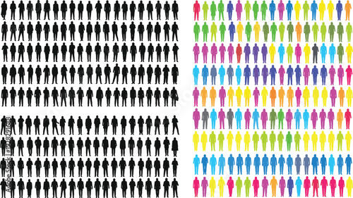 Massive collection of black and colorful people silhouettes standing in rows for community population data and diverse demographic social group concepts.
