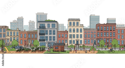 A vibrant cityscape with a mix of modern and traditional buildings, showcasing urban life in a flat, horizontal composition against a bright background.