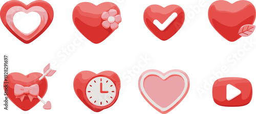 Red 3D Heart Icon Set Featuring Romantic Symbols with Arrows Flowers Checkmarks and Clock Face Elements for Valentine Day Digital Graphic Design Applications