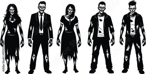 Scary zombie silhouettes of men and women in tattered clothes and suits featuring creepy undead characters for Halloween horror posters and spooky graphic design.