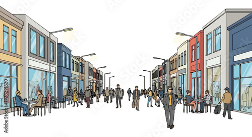 A vibrant city street scene with people walking and sitting in a horizontal, flat urban setting, showcasing a lively atmosphere of city life.