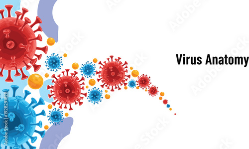 Scientific Virus Anatomy Banner Featuring Red and Blue Viral Cells with Protein Spikes and Microscopic Pathogens Isolated on White Background Illustration