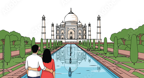 A flat 2D vector illustration of a couple in traditional attire standing before a serene reflecting pool with the majestic Taj Mahal in the background, surrounded by lush greenery and famous