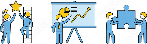 Set of business strategy and teamwork icons representing career development, data