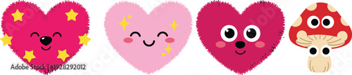 Set of cute furry heart characters with happy faces and stars alongside a whimsical red mushroom with large eyes on a white background