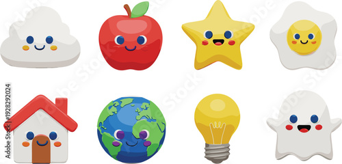 Set of cute kawaii character icons including a smiling cloud apple star fried egg house earth globe light bulb and ghost isolated on white background vector