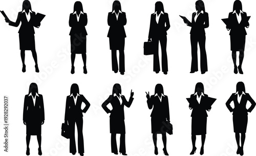 Black silhouettes of professional businesswomen in suits holding documents and briefcases isolated on white background for corporate leadership