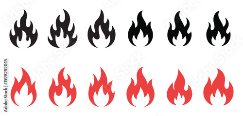 Set of black and red fire flame icons and campfire symbols for web and print. vector illustration eps 10