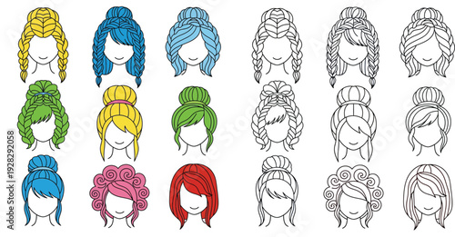Set of colorful and outline female hairstyles vector illustration. Collection of woman fashion hair wigs, buns and braids isolated on white background for beauty salon or coloring book.