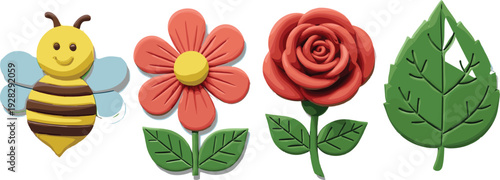 Set of cute three dimensional clay style garden icons including a honey bee red daisy flower rose and a green leaf
