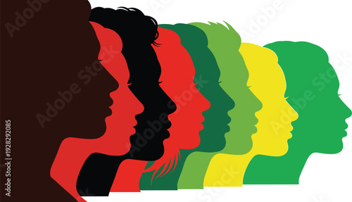 Set of diverse colorful human profile silhouettes representing inclusion and community with various face shapes and hairstyles in a row for social justice and equality concepts.