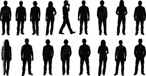 Set of diverse people silhouettes standing in a row including men and women in casual attire for community, teamwork, social gathering and crowd concepts.