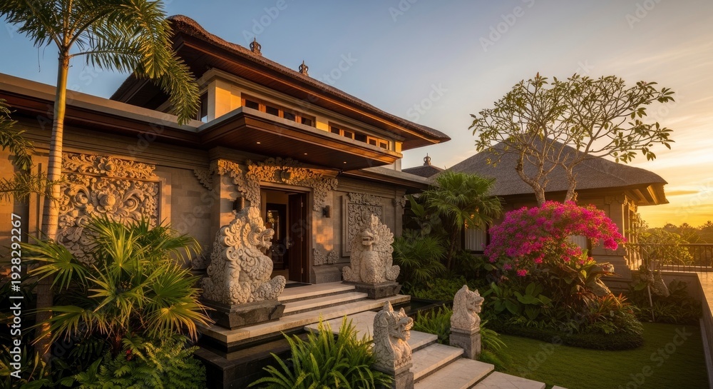 Fototapeta premium Luxurious Tropical Villa Entrance Bathed in Golden Hour Light at Serene Sunset