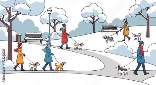 Flat 2D illustration of people walking dogs on a snowy path in a city park during winter with a colorful palette.