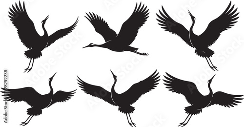 Seven black silhouettes of birds in flight against a white background