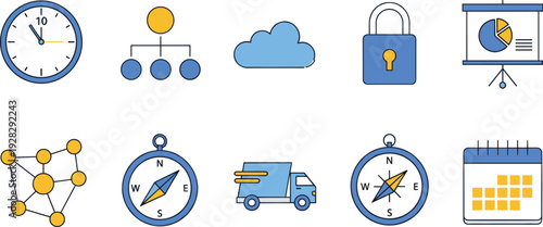 Set of flat business management icons representing time tracking, organizational hierarchy, cloud storage, security, d