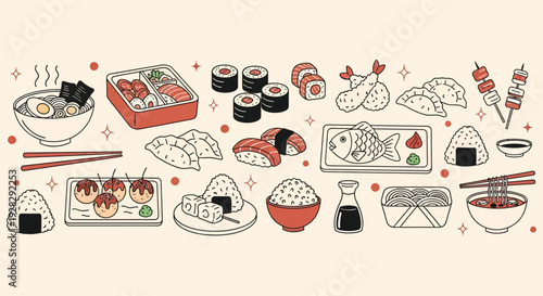 A delightful collection of traditional Japanese cuisine illustrations, including sushi, ramen, tempura, and bento boxes, presented in a charming doodle style.