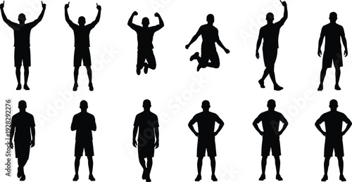 Black silhouettes of men in active poses jumping cheering and celebrating victory isolated on white background for sports success motivation and winning achievement concepts